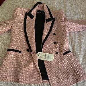 Zara Blush Tweed Blazer with Black Accents